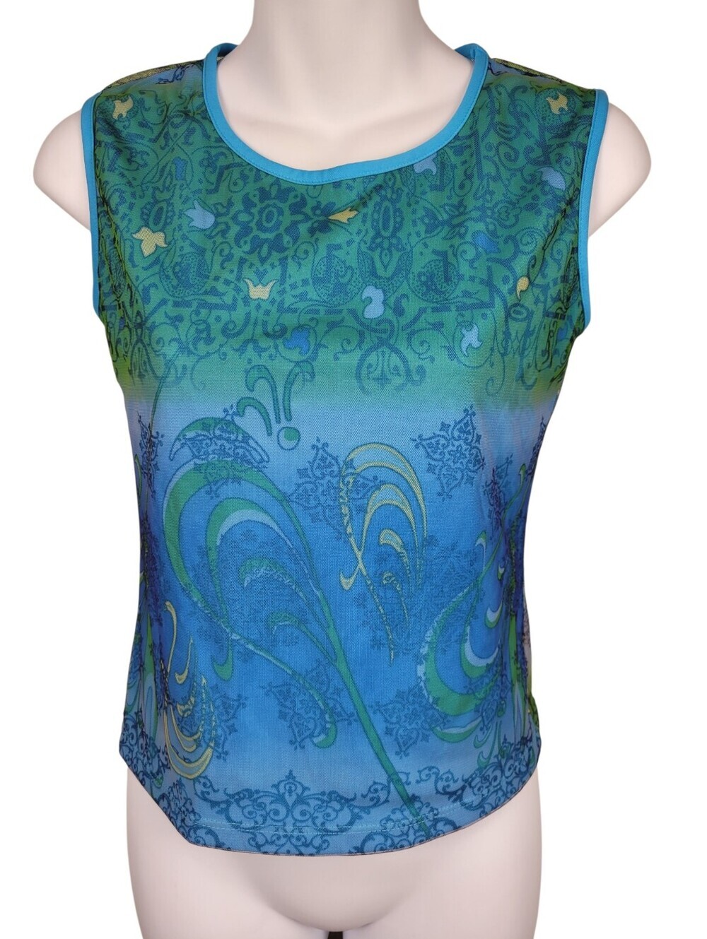 Vintage 90s Blue & Green Sheer Top Blouse Made In USA Size: M